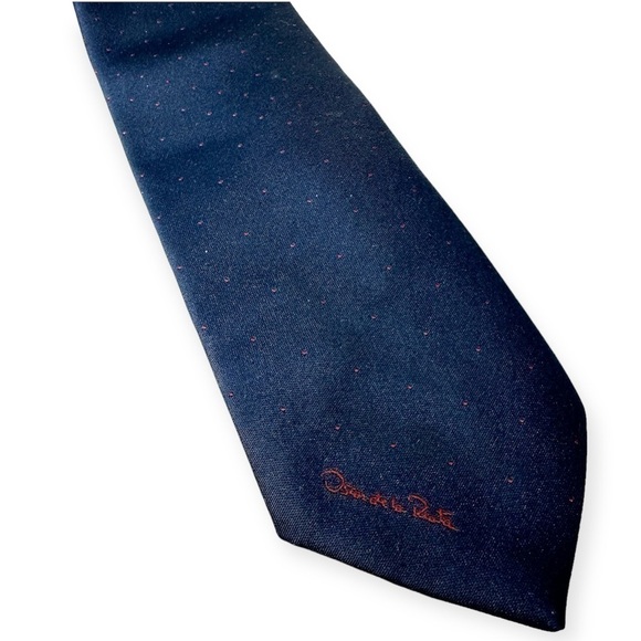Vintage Oscar De La Renta Navy Blue Red Dots Silk Blend Tie - Picture 3 of 7
